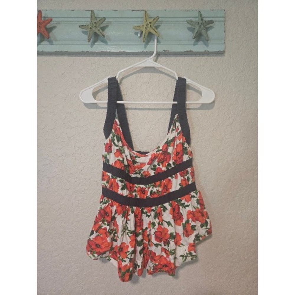 Anthropologie Maeve Red Poppy Floral Smocked Peplum Top Sleeveless Blouse XS